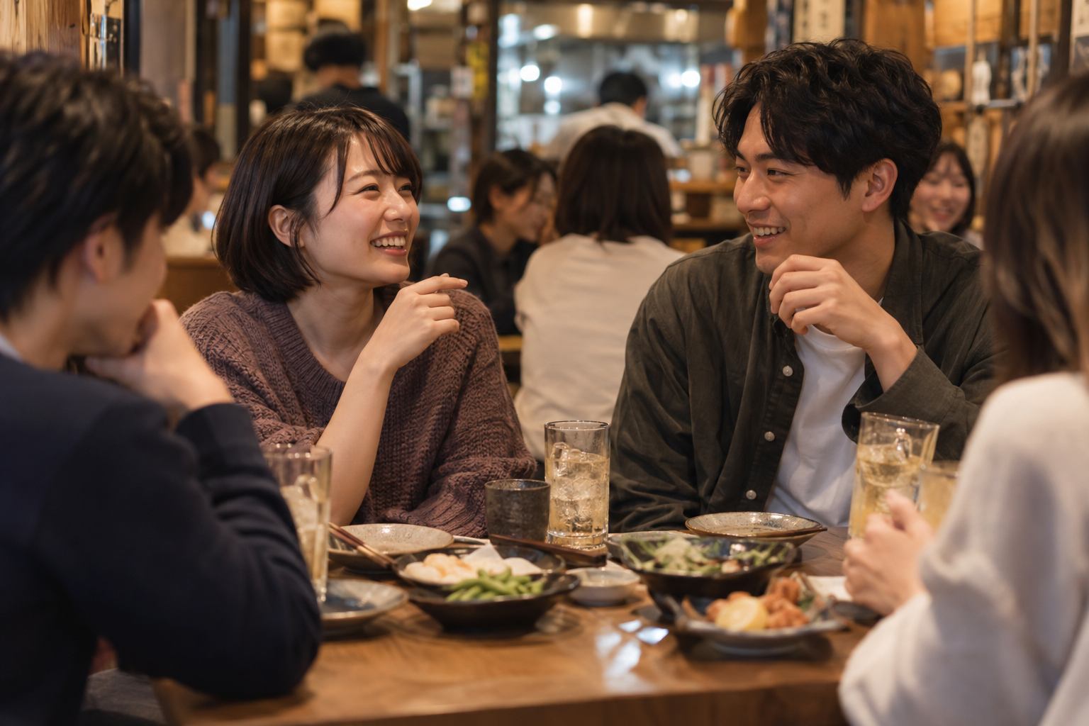 居酒屋で笑顔で話す男女