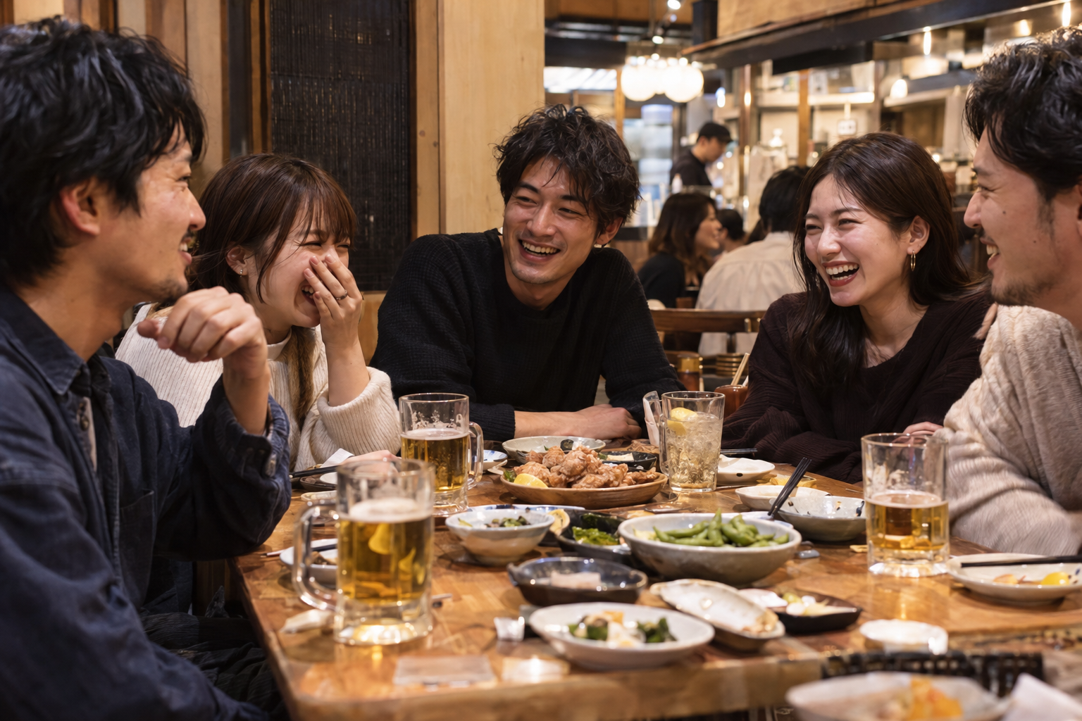 居酒屋でテーブルを囲み、笑顔で話す男女