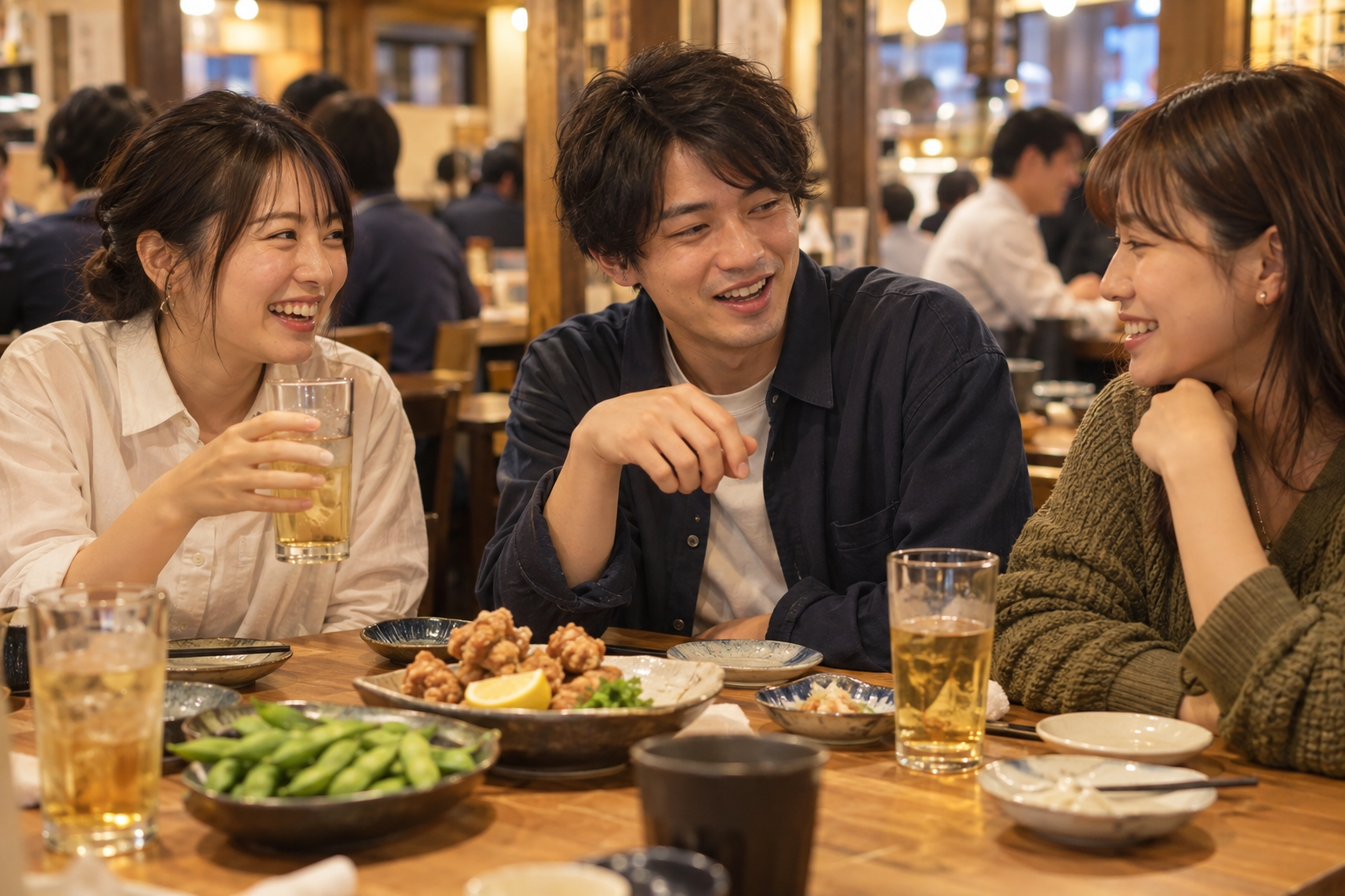 料理を囲んで会話を楽しむ三人